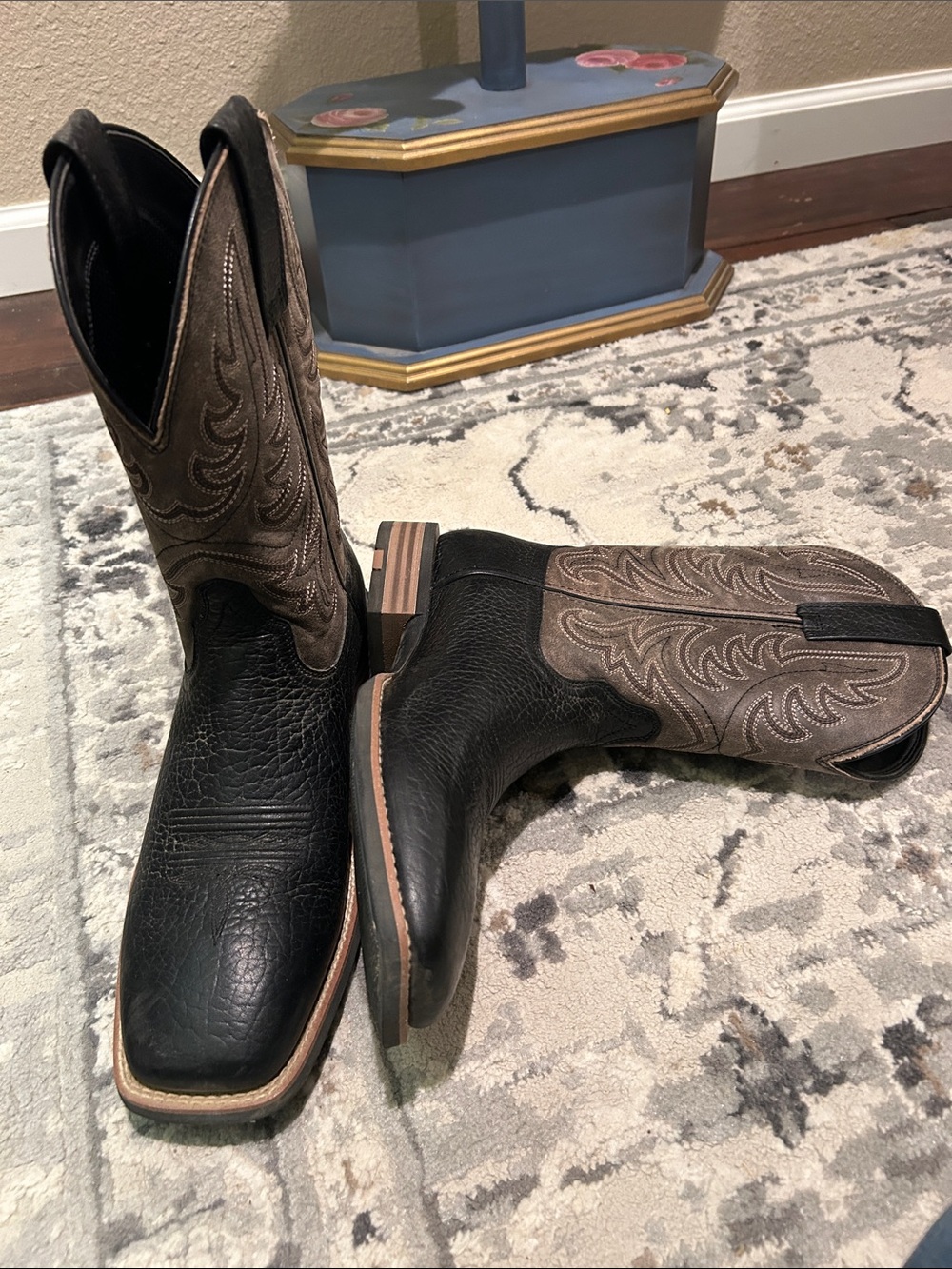 Ariat Black Foot with Brown Embroidered Shaft Cowboy Boots